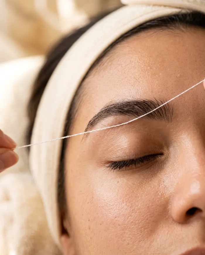 Eyebrow threading close-up with a fine cotton thread